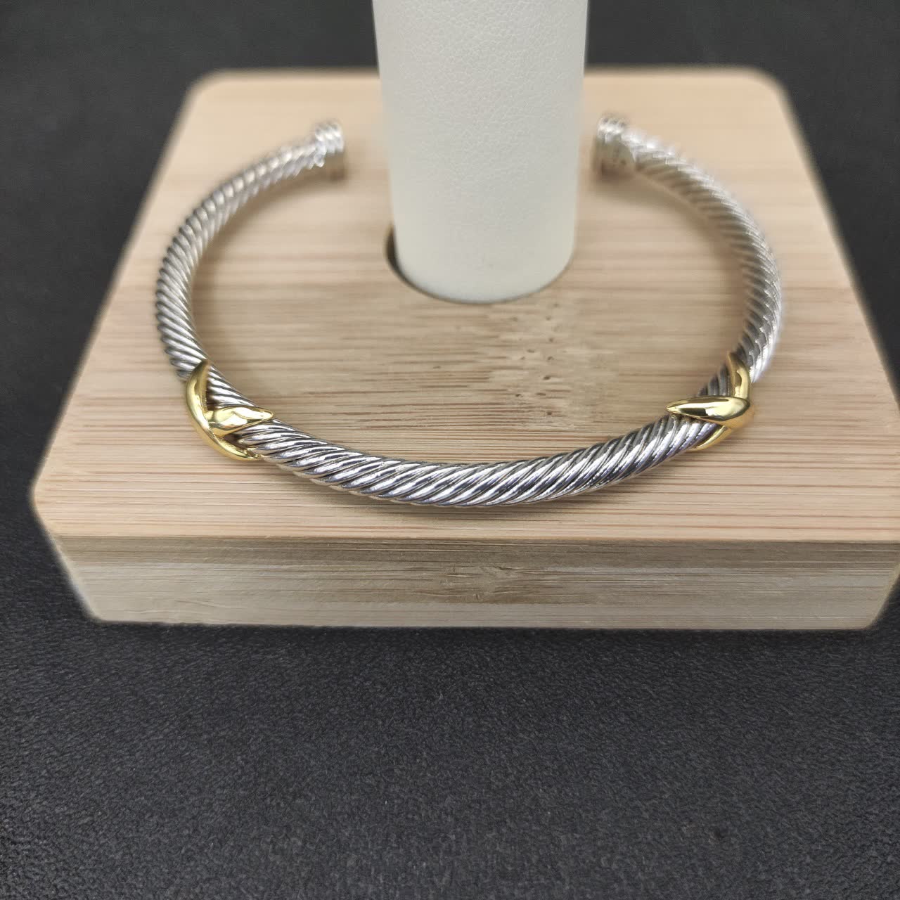 David Yurman Silver Cable Wire Bangle Bracelet with Gold Accents